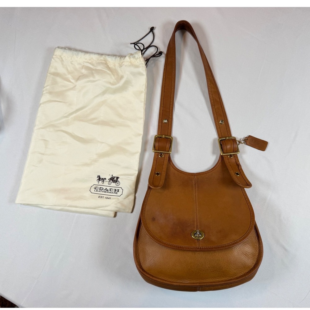 Vtg Rare Coach NYC Crescent Saddle Bag Tan Leather Bonnie Cashin Era Pre-Creed - Picture 2 of 15
